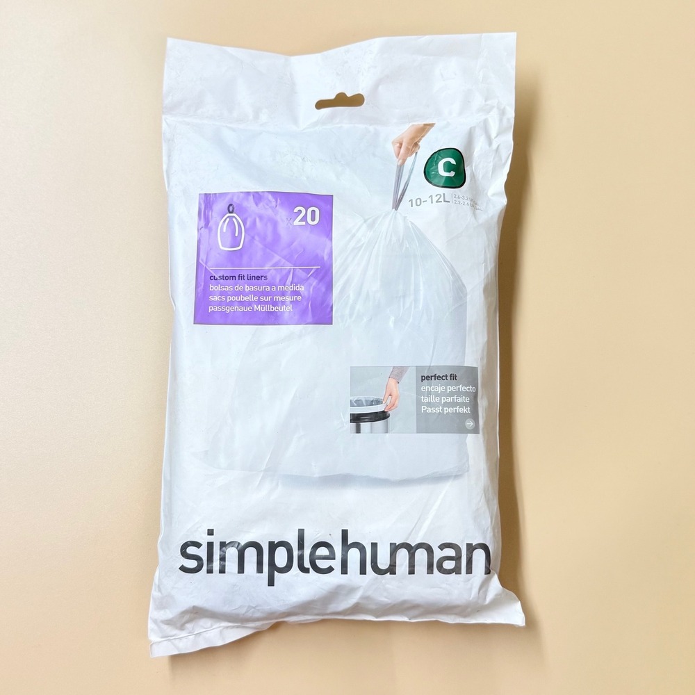 SimpleHuman Code C Custom Fit Trash Can Liners 10-12L 2.6-3.2 Gal White 20 Count